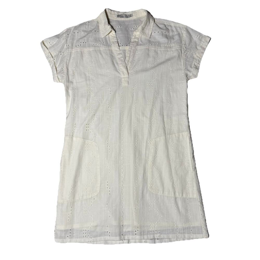 prAna Ivory Eyelet Detail Lined Dress Womens M Preppy Boho Coastal Beachy